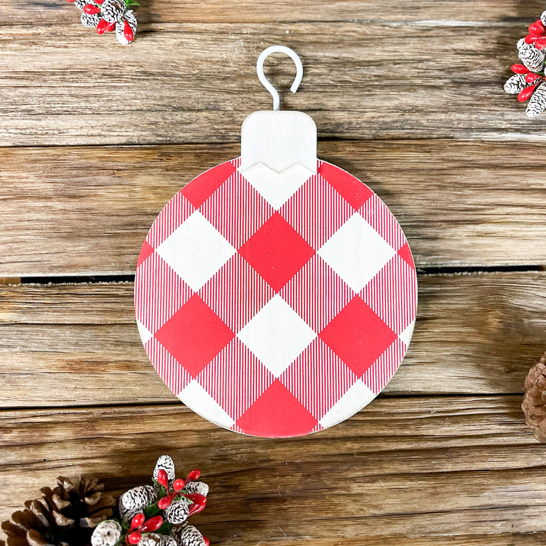 red and white round checkered ornament