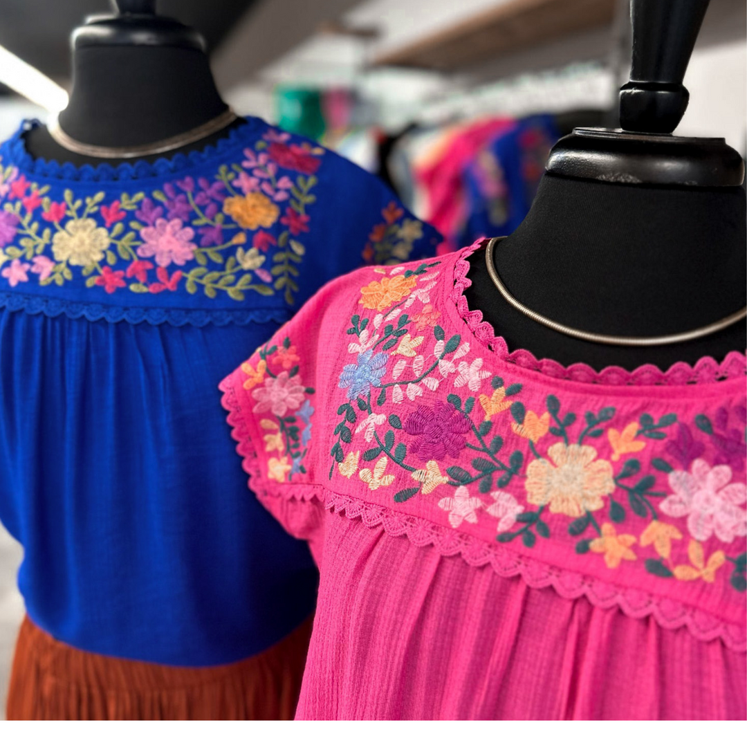 Floral dream embroidered blue top, colorful floral embroidered pattern with scallop lace trim.
