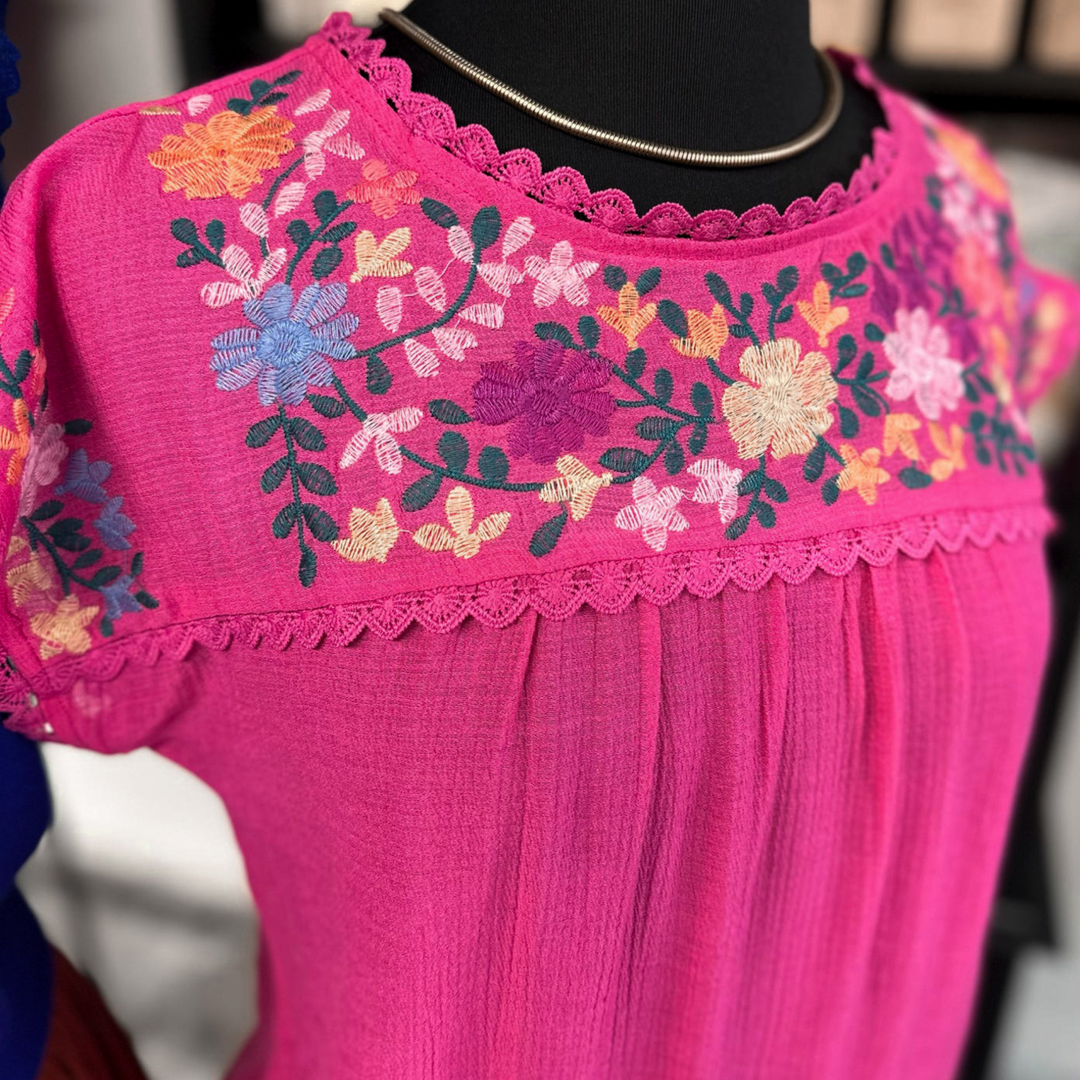 Floral dream embroidered pink top, colorful floral embroidered pattern with scallop lace trim.