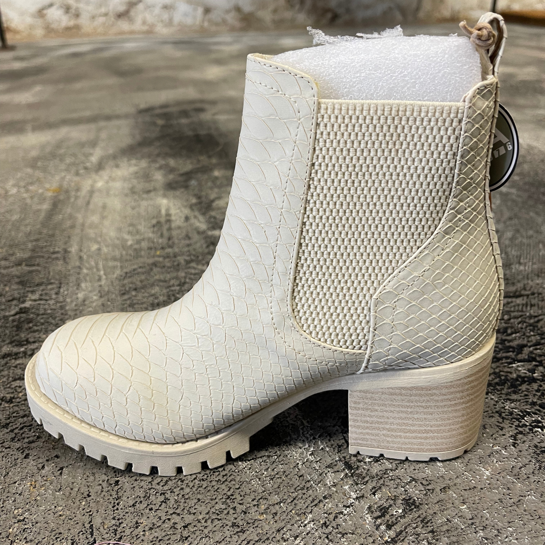 Sunday's Best Ivory Booties, mia brand, wedge ivory bootie with rubber sole and textured snack type print. 