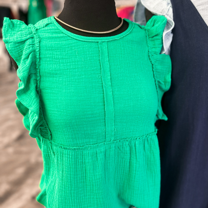 Kelly green short sleeve top, ruffle detail on sleeves with baby doll type fit