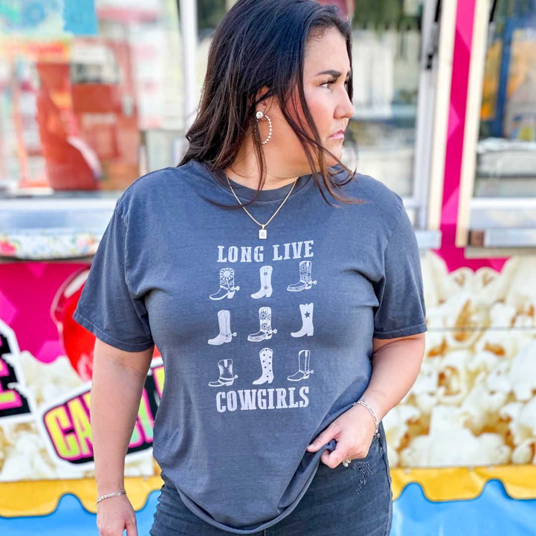 black and white graphic tee that says long live cowgirls with different cowboy boots