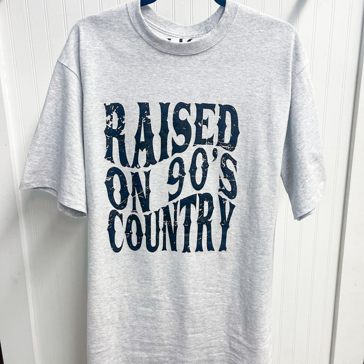 heather gray tee shirt with curved font that states raised on 90s country