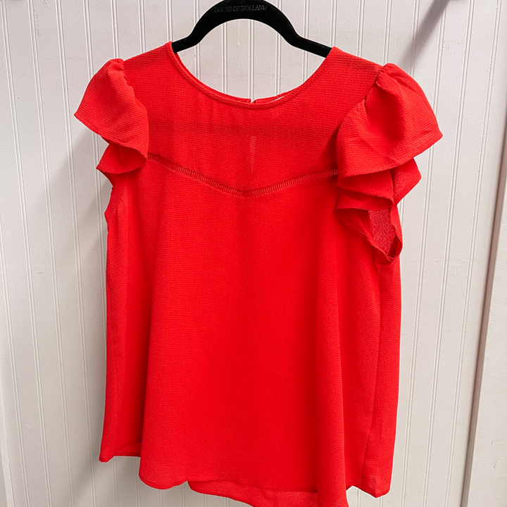 Red pepper causal Top, pairs well with jean shorts or jeans for the cooler spring days, women's top, small detail close to neckline with fabric, ruffle sleeve.
