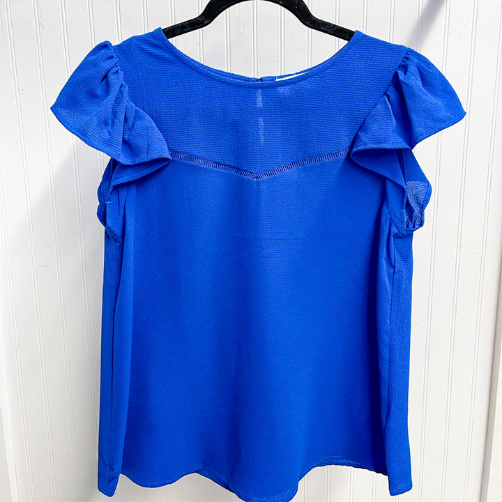 Royal Blue causal Top, pairs well with jean shorts or jeans for the cooler spring days, women's top, small detail close to neckline with fabric, ruffle sleeve. 