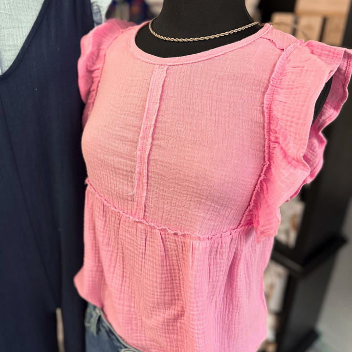 Simply sweet pink short sleeve top, ruffle detail on sleeves with baby doll type fit