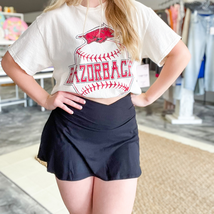 stay flirty skort, high waisted skort with butter soft material and a V waistband.