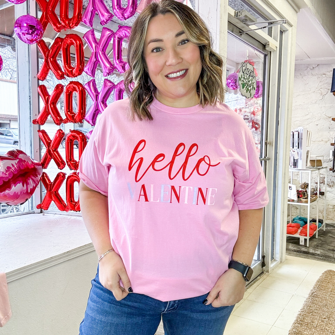 hot pink hello valentine script valentine's day tee