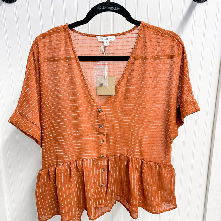 Whisk Me Away copper Babydoll Top, olive green with a pin stripe textured detail. button up front, v-neck neckline. 