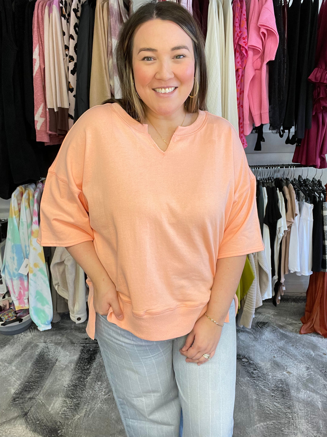 peachy orange comfy top, loose fit sleeves, high low side slits, very soft