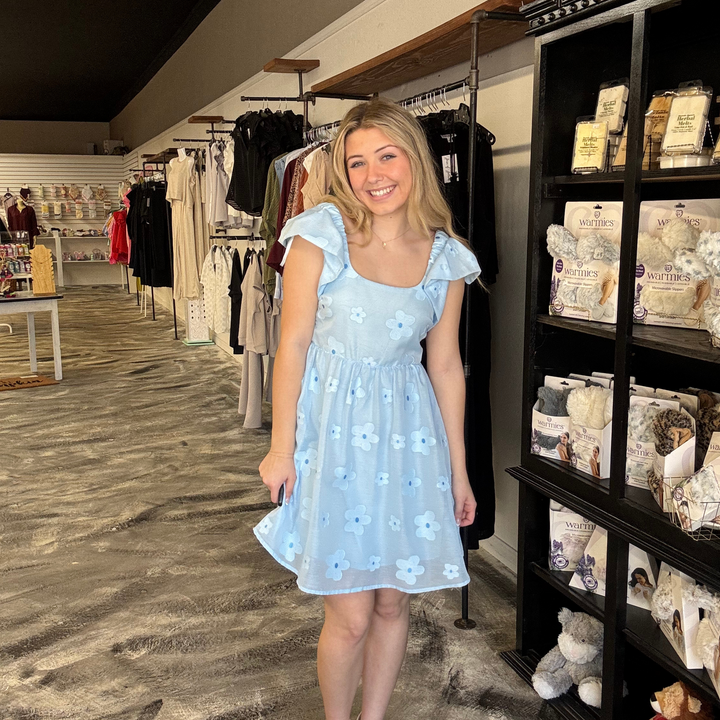 Baby blue ruffle sleeve flower printed dress.