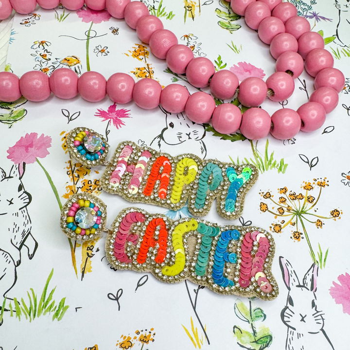 easter beaded earrings, happy easter in multi color sequence and beads, felt backing, post style. 