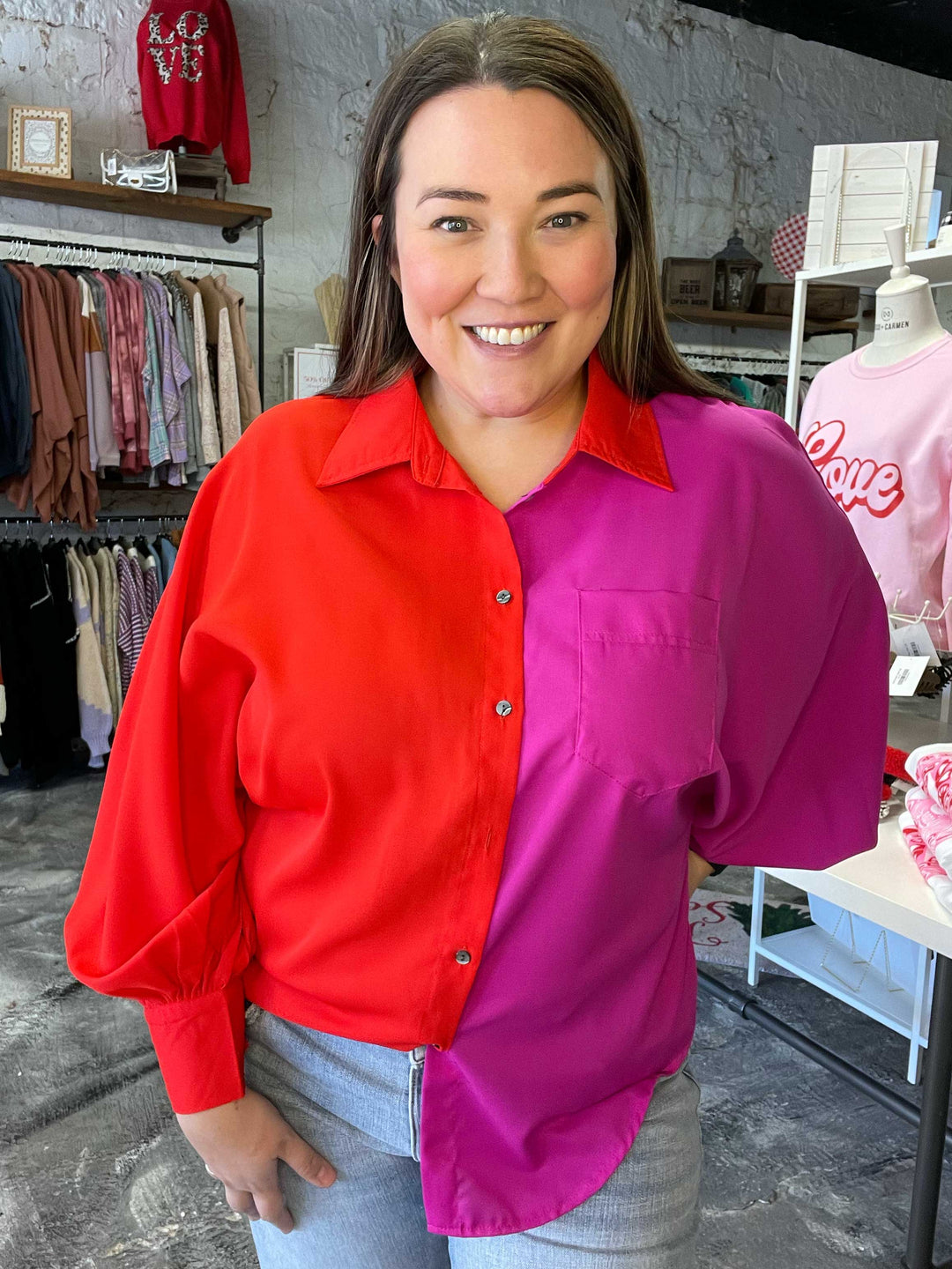 Color Block top with button closures, front pocket