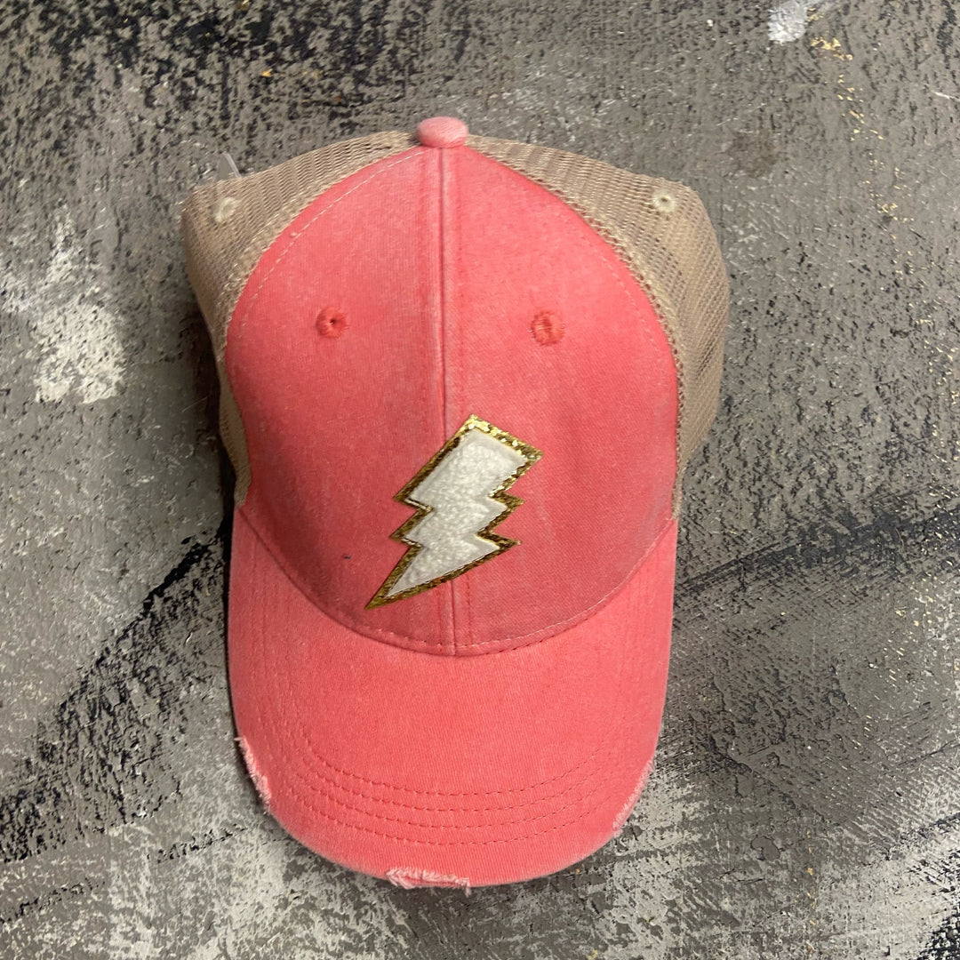Coral Chenille Lightning Patch Snapback Hat