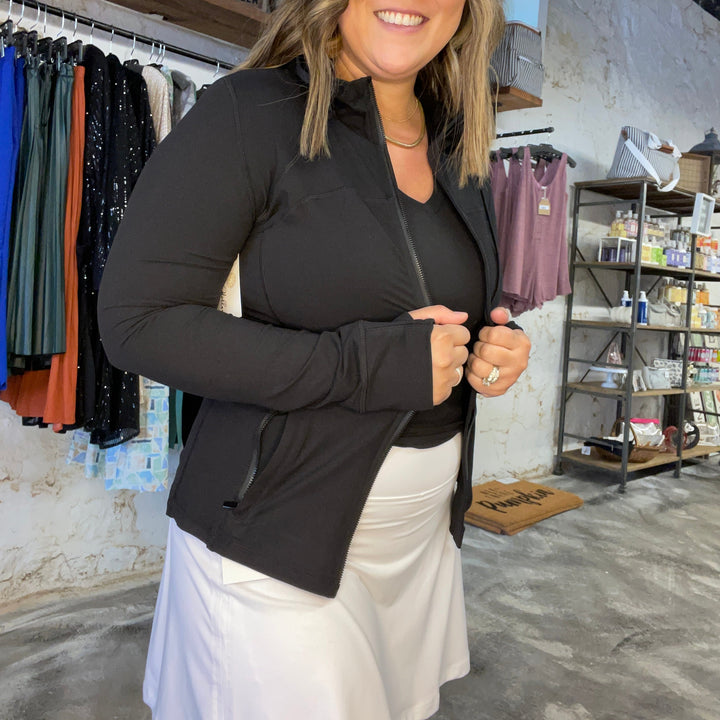 black zip up jacket, butter soft material, fitted jacket, hooded, pockets, lulu lemon dupe, perfect basic. 