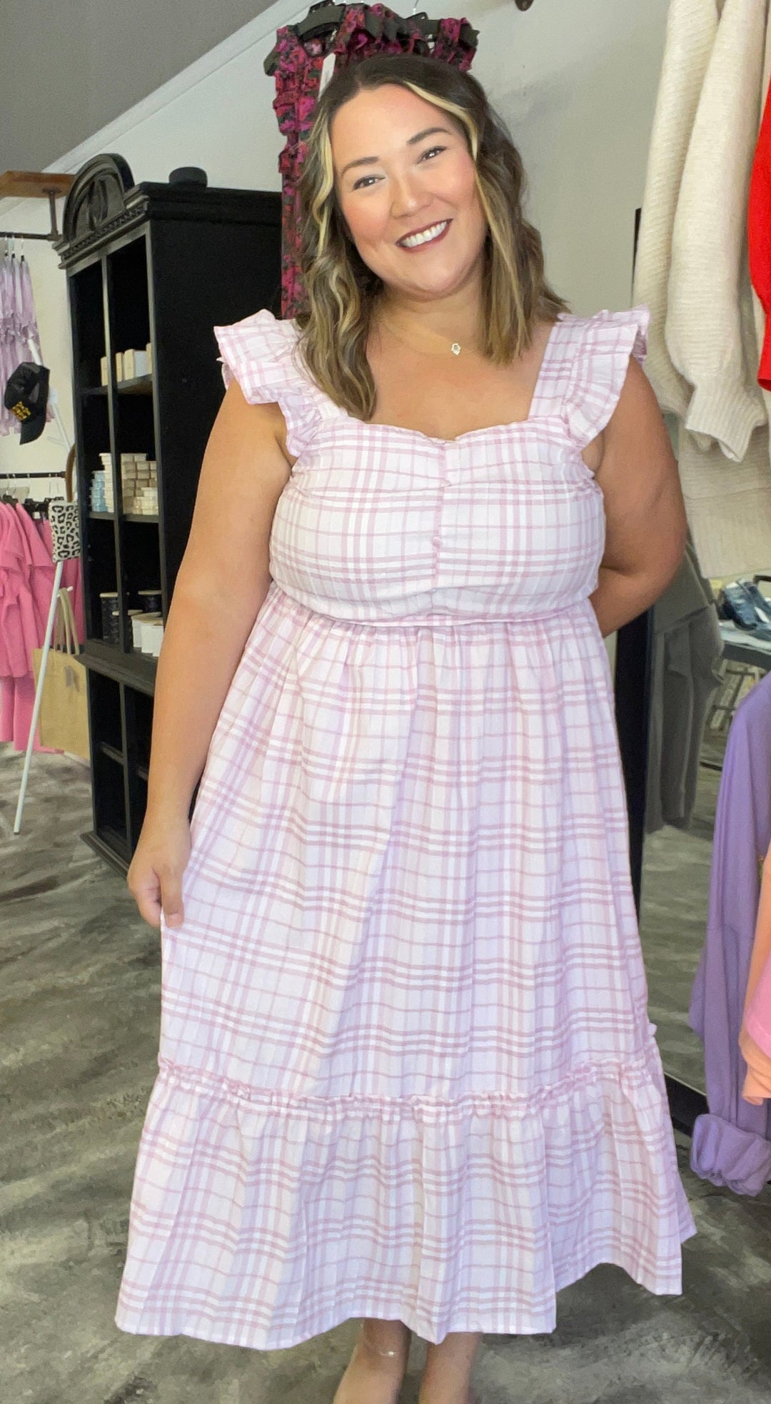 In First Place Pink Plaid Midi Dress