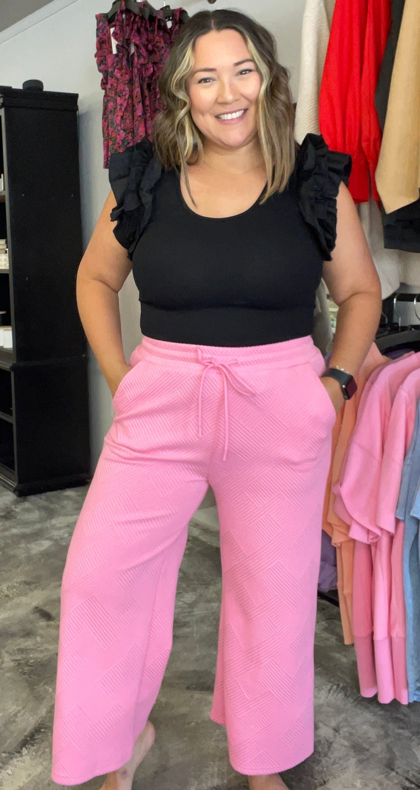 Bubble Gum Pink Textured Top, Matching Set for Women
