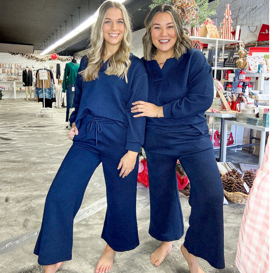 Navy Textured Pants, Matching Set for Women