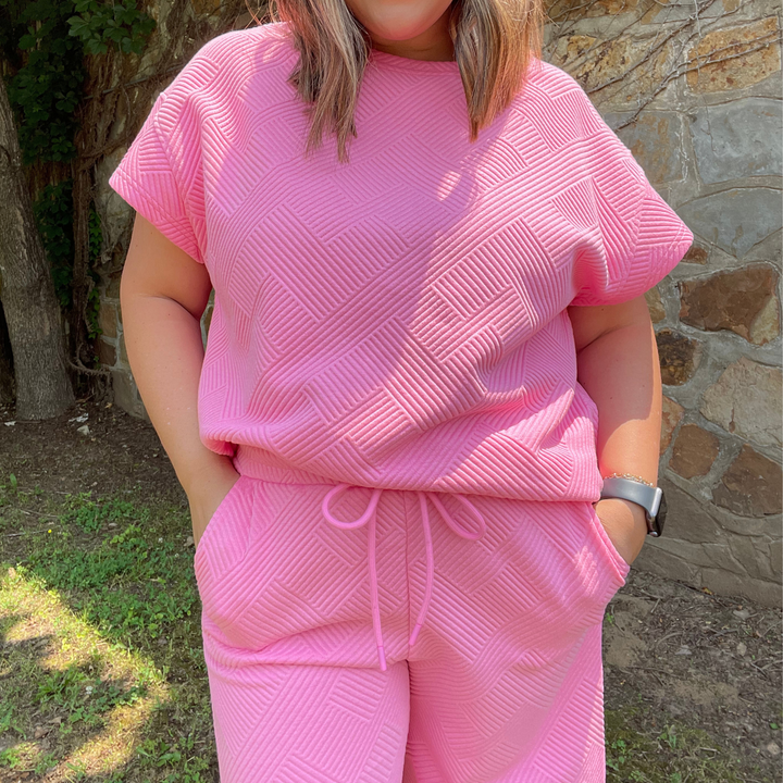 Textured Shirt and Pants Pink, Matching Set Bottoms, Matching Set for Women Pink, Greenwood, Arkansas Store, House of Holland Boutique, see and be seen