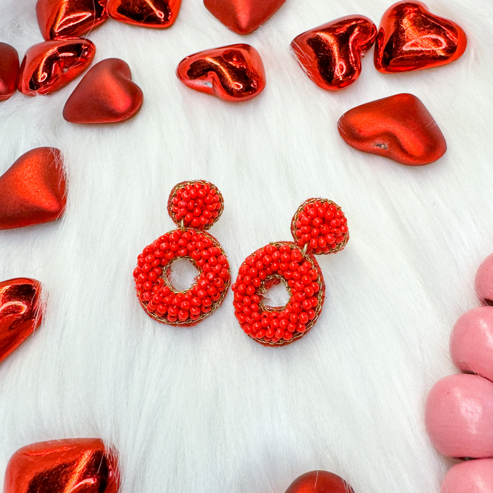 red beaded valentines earrings, very simple, mini size, just a bright red circle