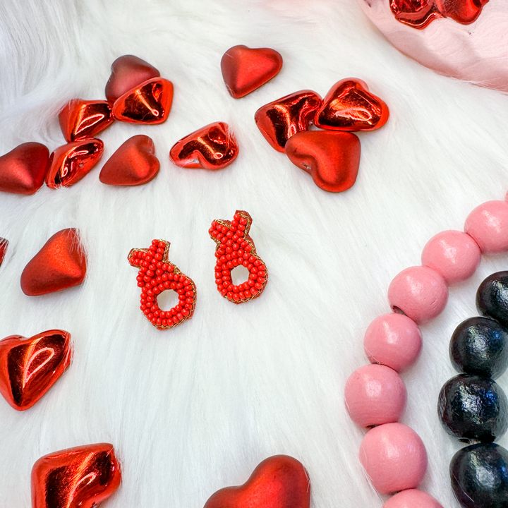 red beaded valentines earrings, very simple X and O, mini size