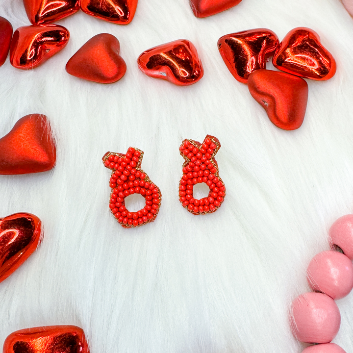red beaded valentines earrings, very simple X and O, mini size