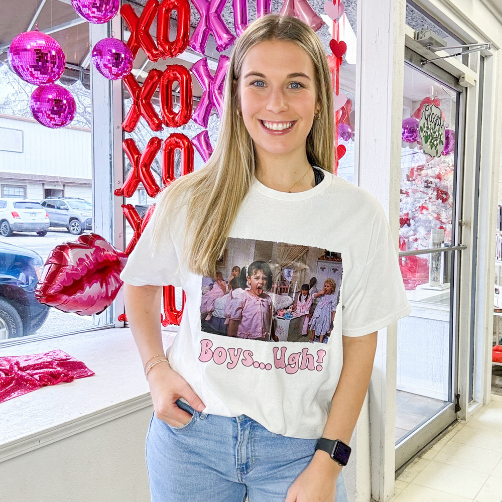 little rascals inspired valentines graphic tshirt with a picture of the scene with darla sticking her tongue out and under the picture it says "boys..ugh!" in light pink