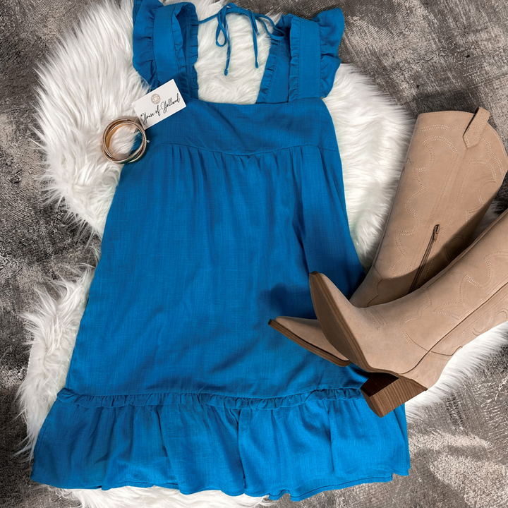 aqua ruffle linen mini dress, perfect for summer!