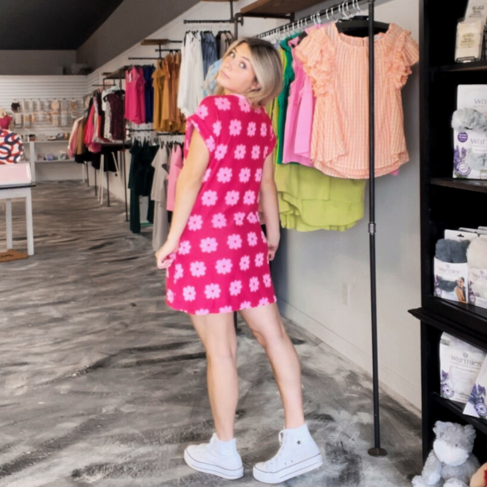 Sunshine & Flowers Mini Dress in vibrant Pink! 