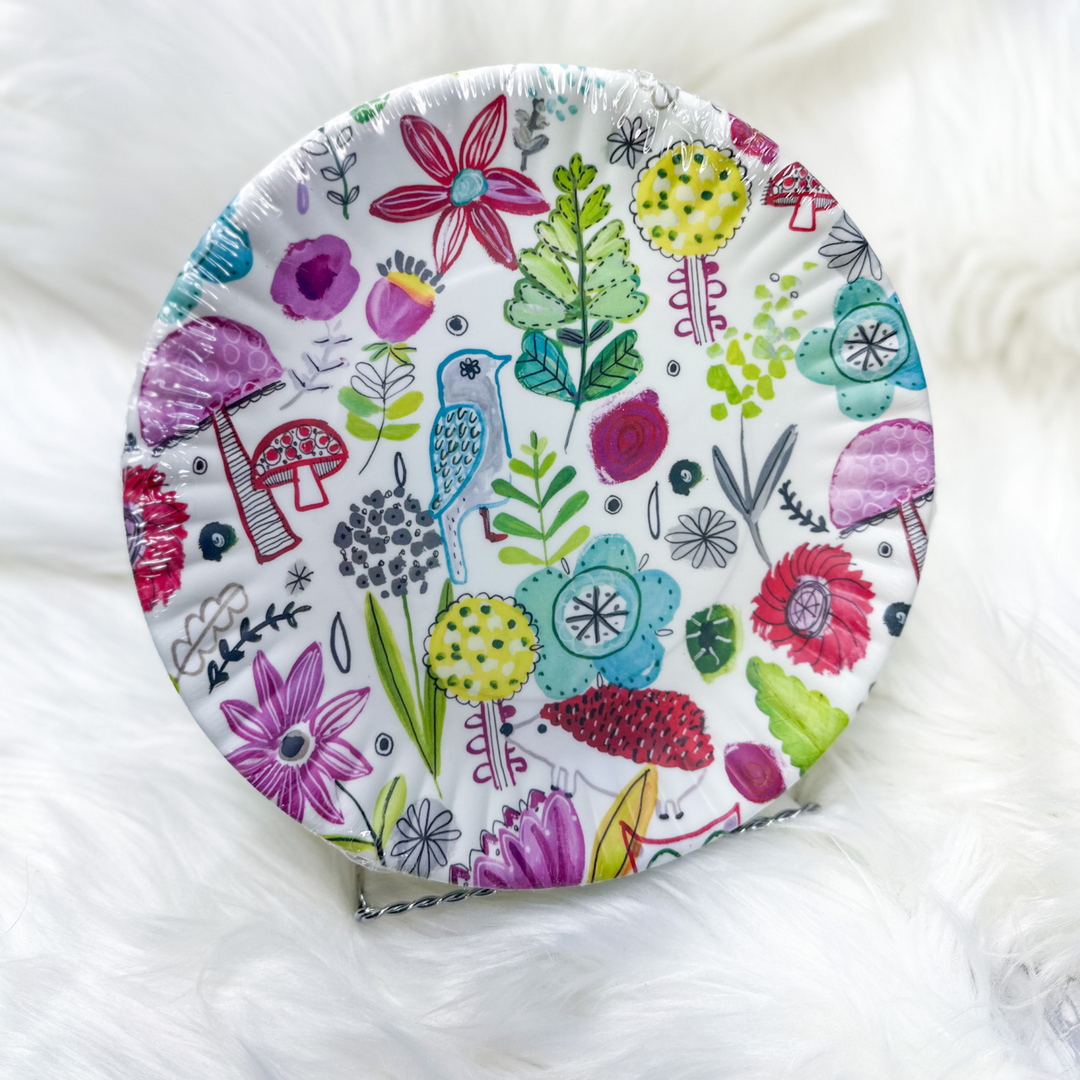 bird and nature plates, vibrant colors, different trees and flowers, mushrooms
