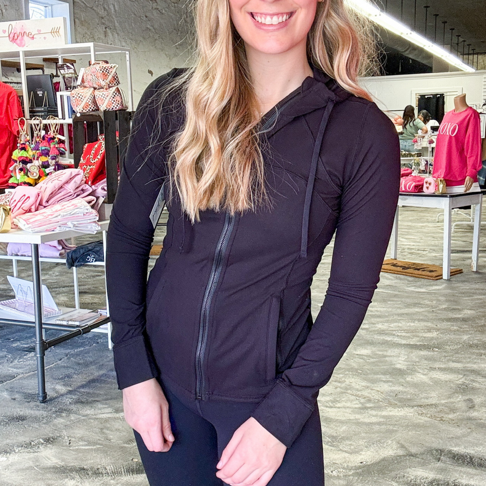 black zip up jacket, butter soft material, fitted jacket, hooded, pockets, lulu lemon dupe, perfect basic. 