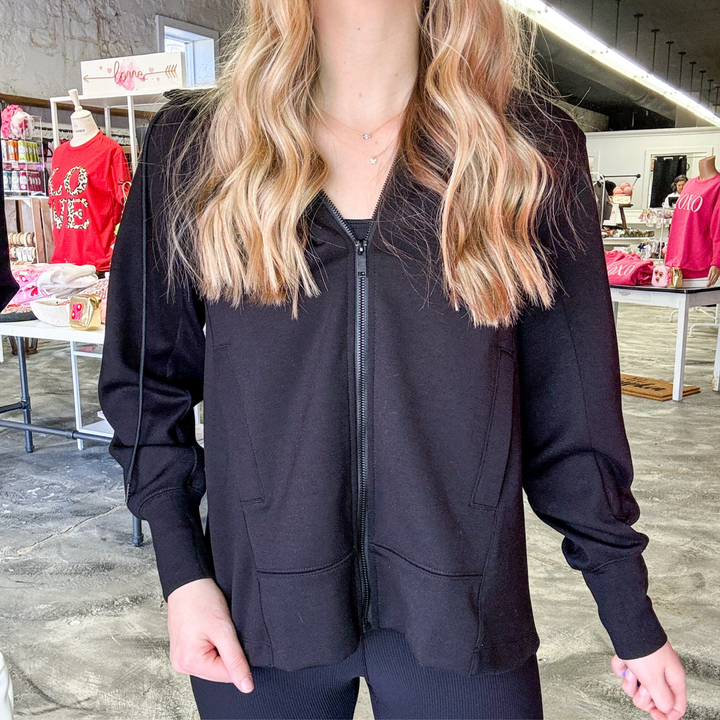 black zip up jacket, butter soft material, hooded, pockets, lulu lemon dupe, perfect basic. 