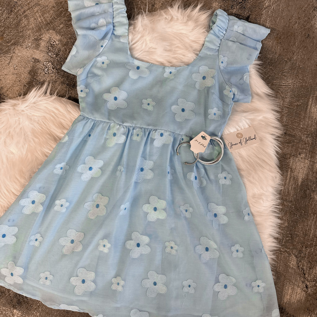 light blue flowy mini dress, embroidered light blue flowers with ruffle sleeves.