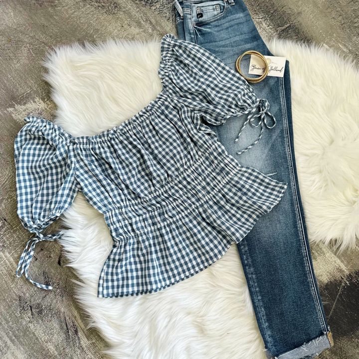 gingham top, blue, white, puff sleeves with ties 