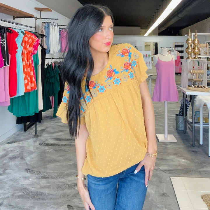 Floral Dream Embroidered Mustard Yellow Top. Featuring delicate floral embroidery and a round neck