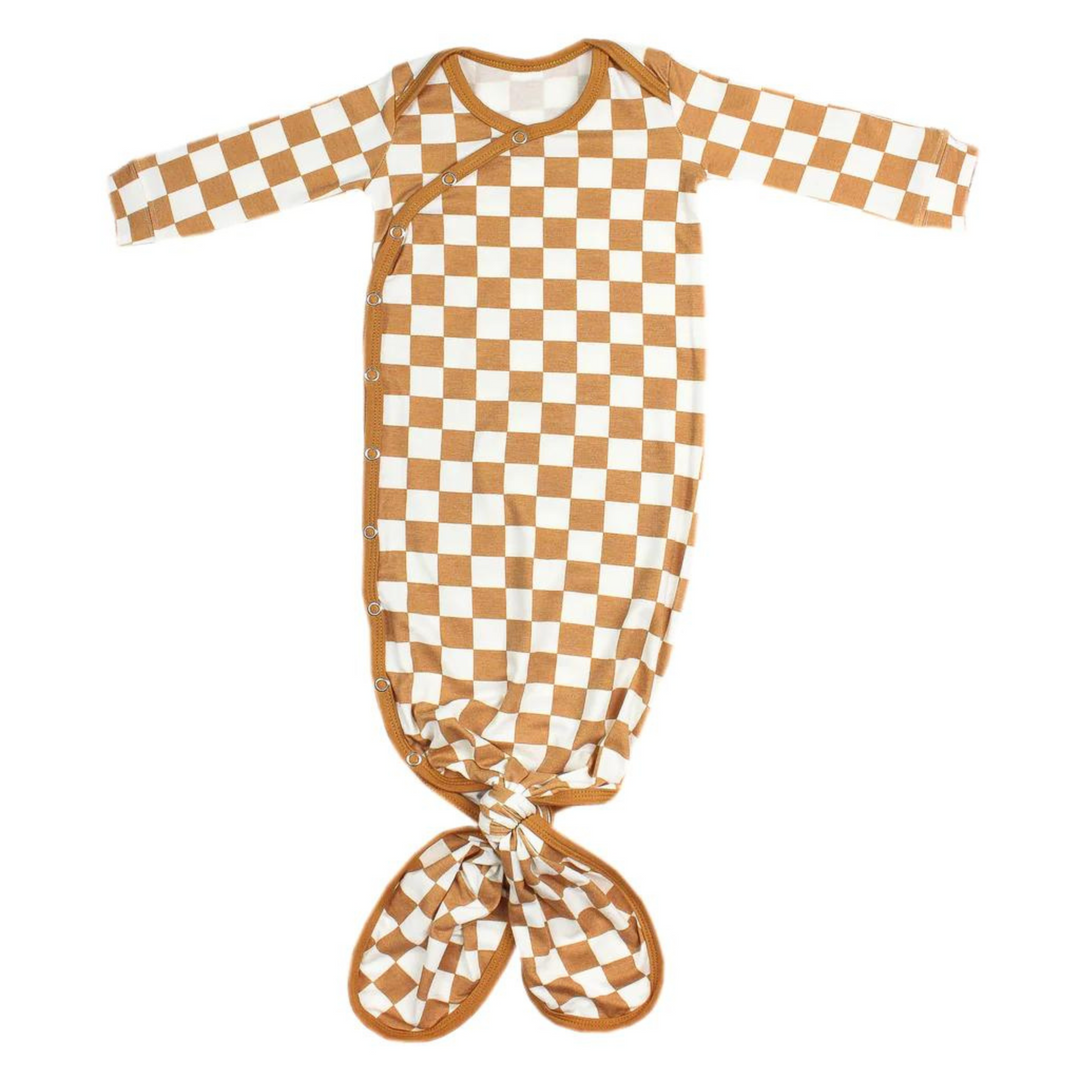 copper pearl knotted baby gown, rad print, brown and white checkered print, brown trim, snap button, knotted at the bottom so it can grow with baby. 