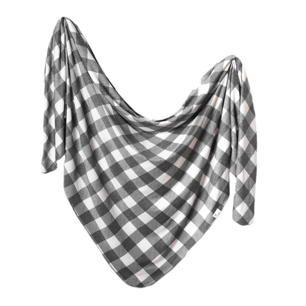 copper pearl scotland baby swaddle. black and white gingham. 