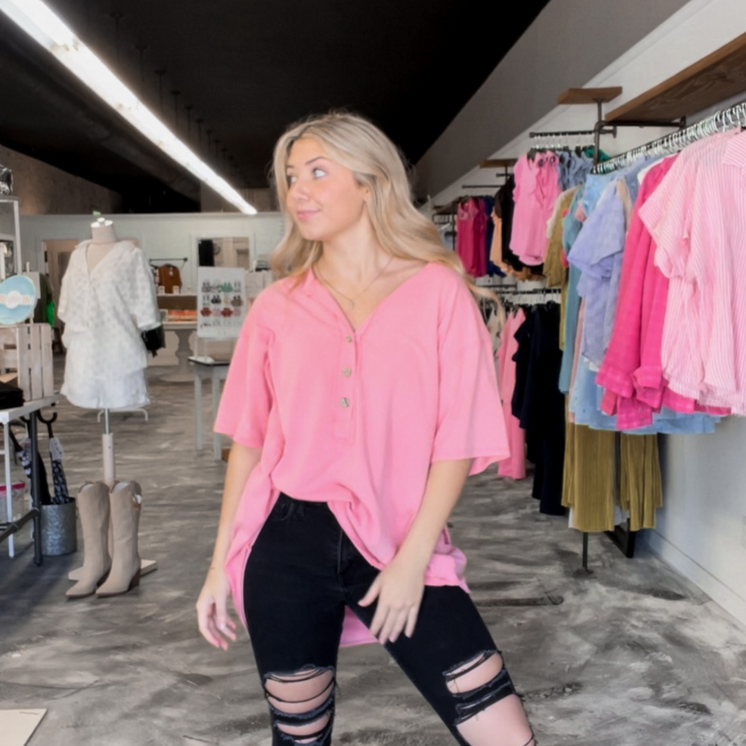 Coral quarter button up tee shirt fit blouse