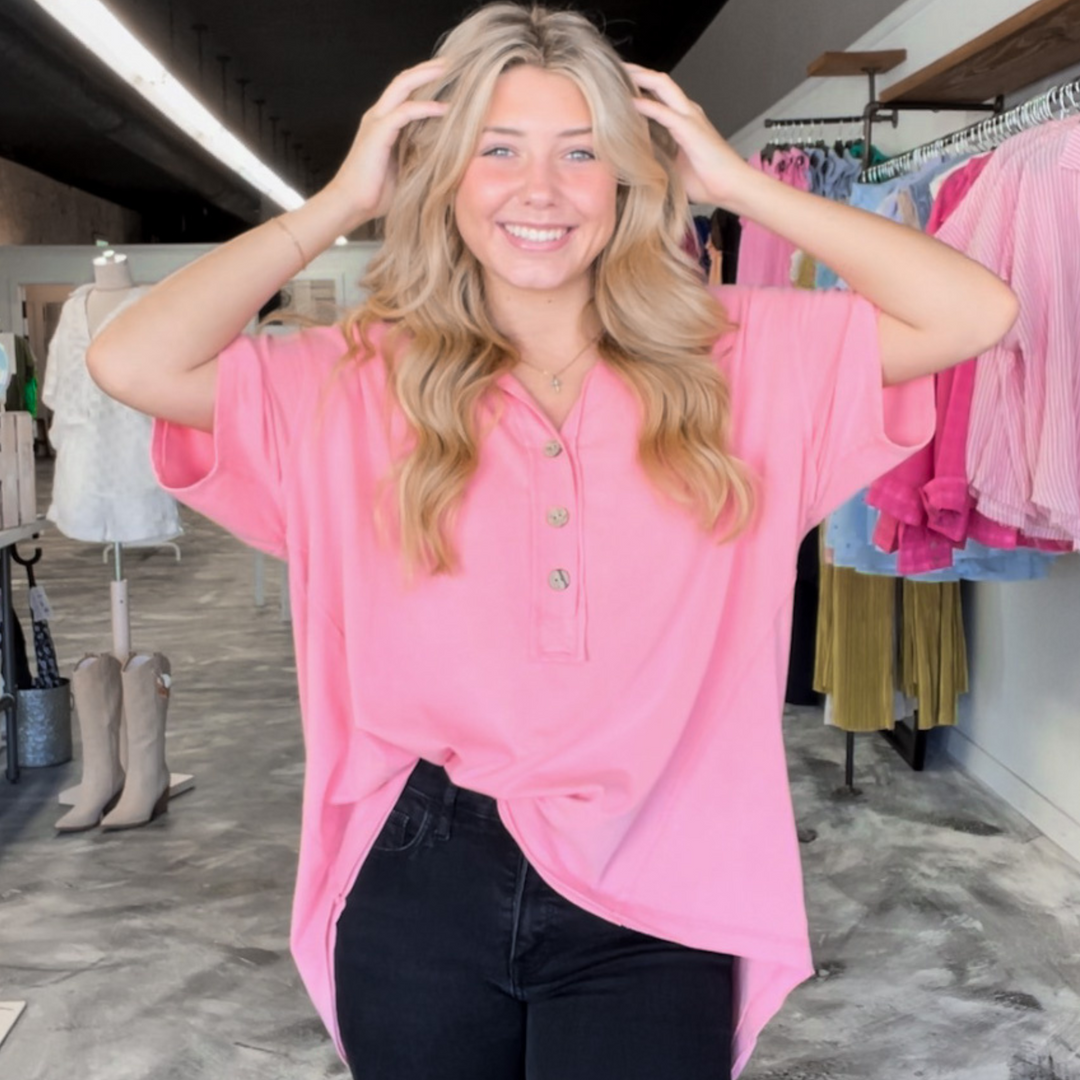 Coral quarter button up tee shirt fit blouse