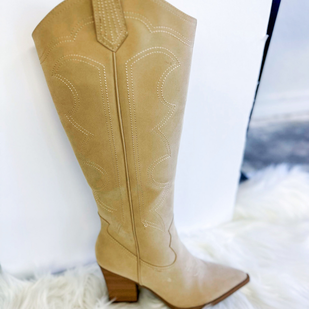 Oasis Embroidered Tall Cream Colored Cowboy Boots. Perfect for concerts, rodeos and more!