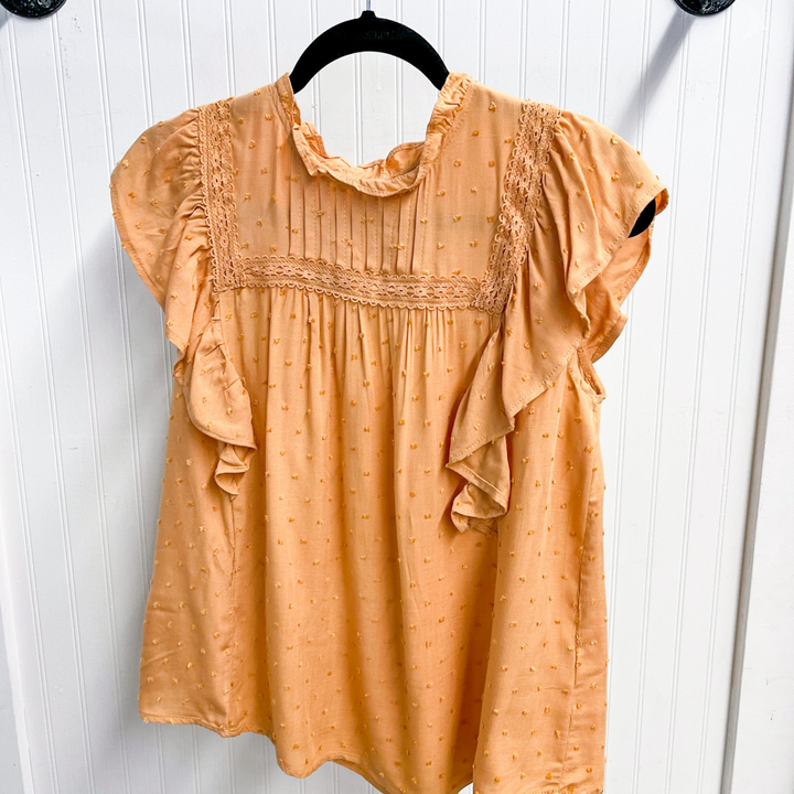 Serene Dreams Dusty Orange Top, sweet dusty orange top with small swiss dot detail, neckline ruffles, pleated type sleeves and other neckline details with trimmed fabric detail.