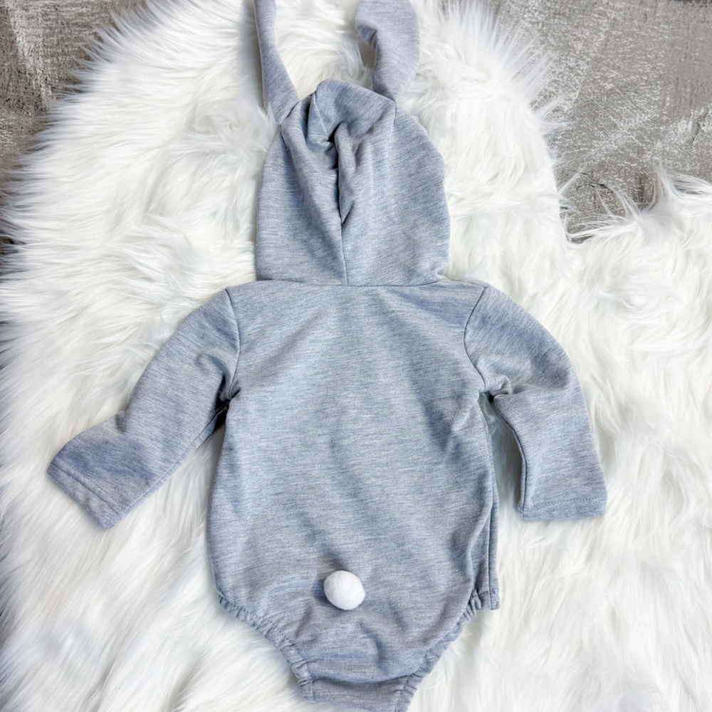 easter kids outfit, grey bunny onesie, hood has bunny ears, bunny cotton tale, front hoodie pocket, snap closure. 