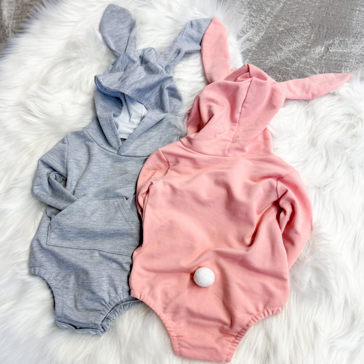 easter kids outfit, grey bunny onesie, hood has bunny ears, bunny cotton tale, front hoodie pocket, snap closure. 