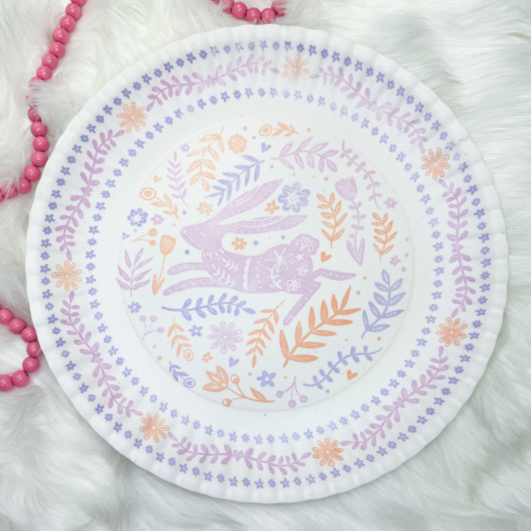 easter melamine platter, pink bunny with orange and lavender florals on a cream colored platter, 16".