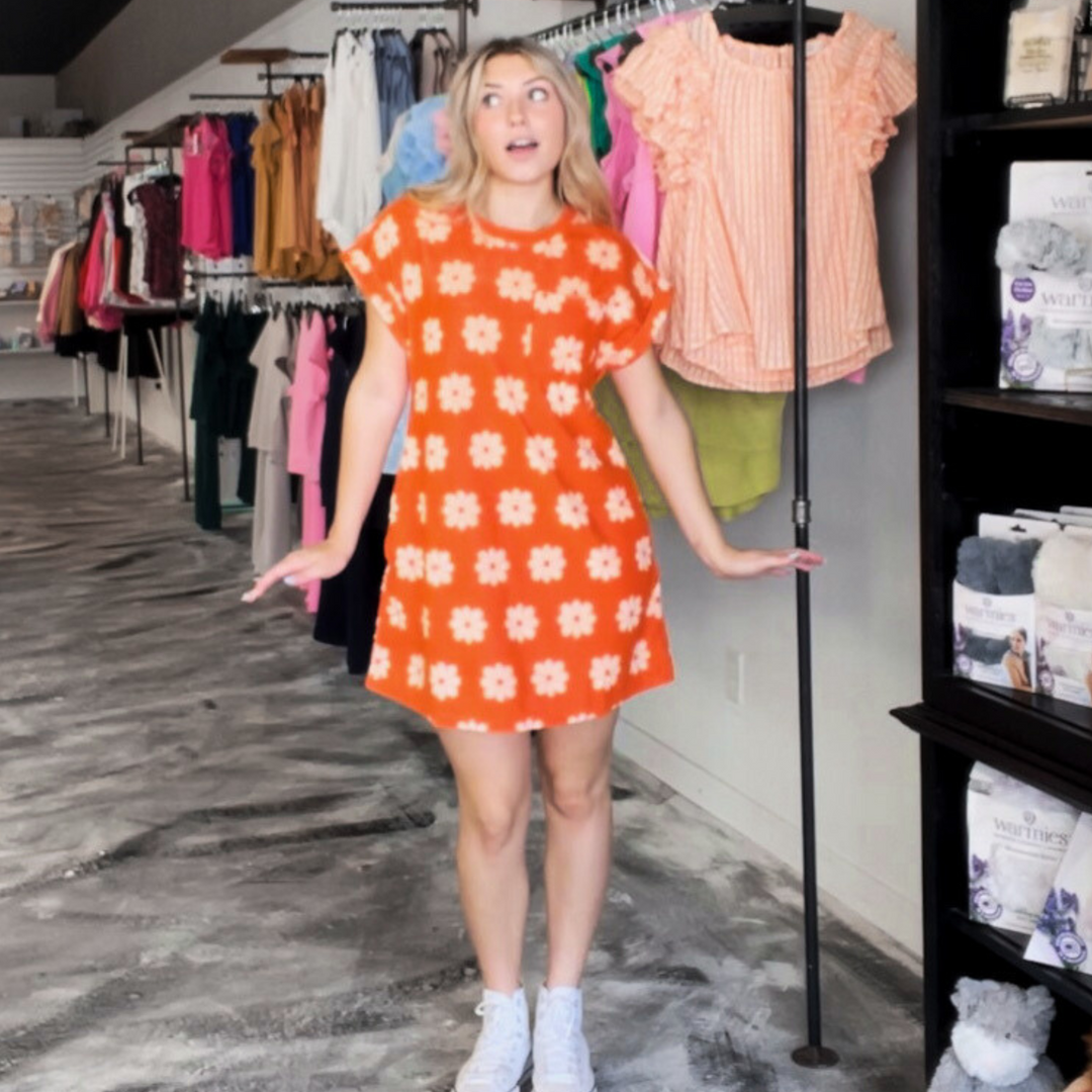  Sunshine & Flowers Mini Dress in vibrant orange! 