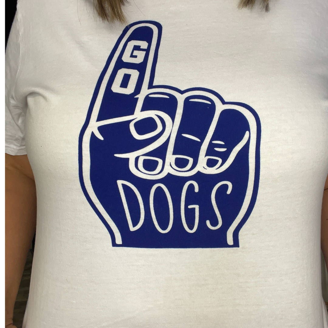 white tee shirt with navy blue foam hand that says go dogs
