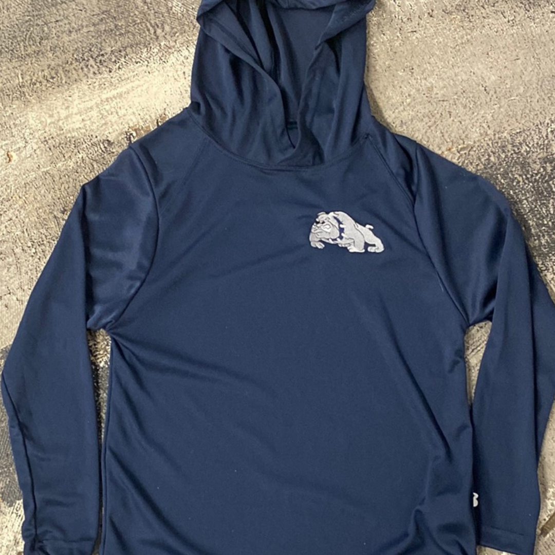 navy blue hooded dri fit long sleeve kids shirt with greenwood bulldog embroidered on chest