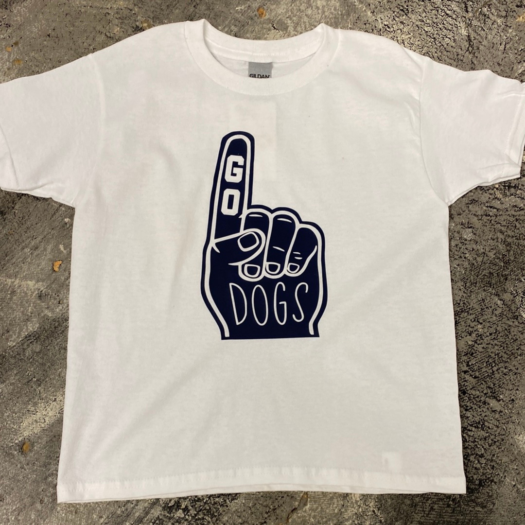 game day tee. white t shirt with greenwood navy blue foam hand that say go dogs. 