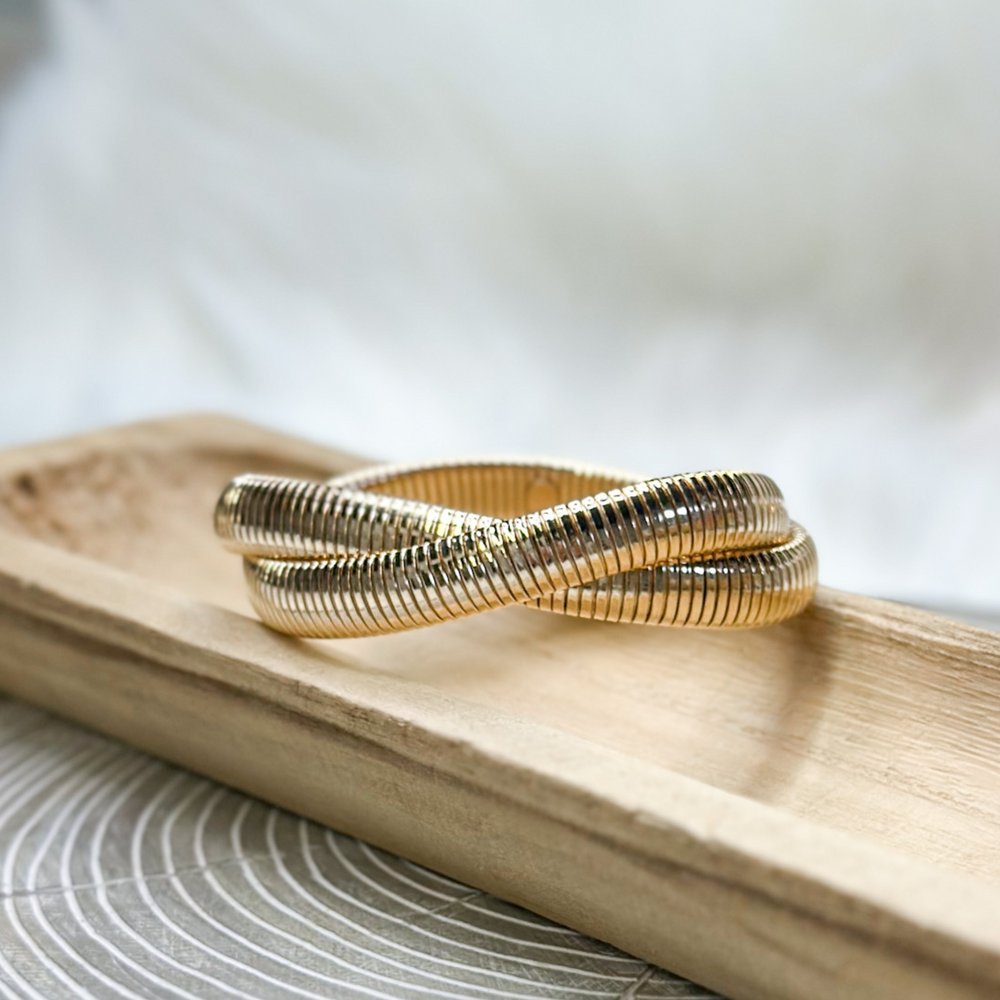 infinity layered bracelet in gold, bangle bracelet, two bangles intertwined together, one size fits most.