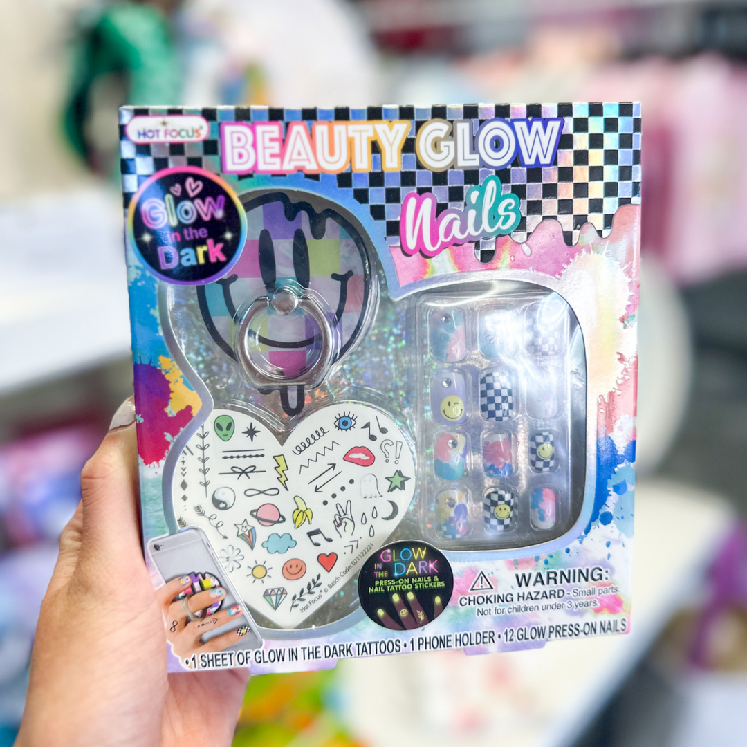 kids gift, beauty glow nails kit, press on nails, stickers, rainbow melting smiley face pop socket, nails glow in the dark.